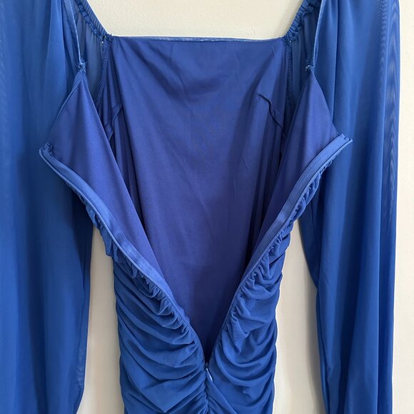 Blue Mesh Long Sleeve Square Neck Ruched Bodycon Mini Dress, Size XS - Picture 5 of 8